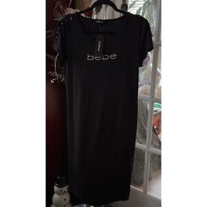 NWT bebe Rhinestone Logo Dress cross Shoulder Size XL Black Women's Fall NWT